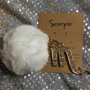 White Fur Pom Pom Keychain with Gold Scorpio Charm